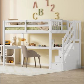 Łóżko antresola 90 x 200 cm z biurkiem i 4 szufladami - drewno sosnowe + płyta MDF - stelaż listwowy - białe
