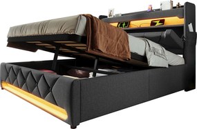 Łóżko tapicerowane dwuosobowe ze schowkiem - 180 x 200 cm - 360° LED + Zagłówek z USB i Type-C - tkanina lniana - szary