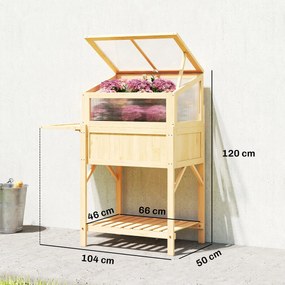 Outsunny Podwyższona grządka z nasadką szklarniową z drewna Skrzynka do sadzenia ze szklarnią składana boczna półka dolna półka Drewno naturalne | Aosom PL