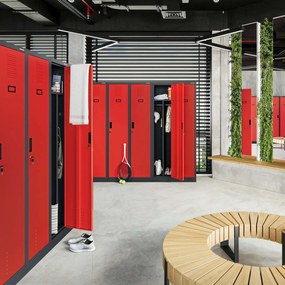 Szafka ubraniowa BHP antracytowo-czerwona: czterokomorowa KACPER, 800 x 1800 x 500 mm