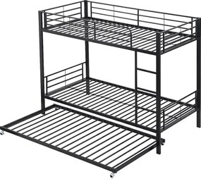 Łóżka piętrowe 2 x 90 x 200 cm + łóżko wysuwane 90 x 190 cm - metalowe - czarne