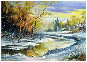 Obraz zimowej rzeki, obraz olejny (70x50 cm)