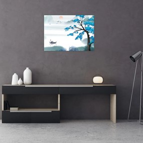 Obraz na szkle - Malowane jezioro z łódką (70x50 cm)