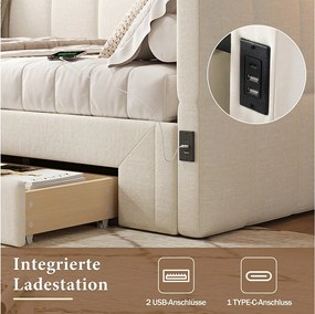 Sofa rozkładana dla dzieci - 90/180 x 200 cm - z 2 szufladami + port USB - len - beż