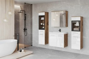 Meble łazienkowe z LED, zestaw wiszący do łazienki z umywalką, 2 słupkami i szafką lustrzaną, korpus dąb wotan, fronty biały połysk