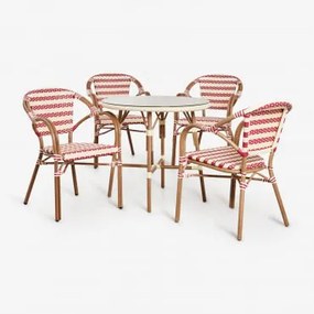 Zestaw Stół Okrągły Ø80 Cm Brielle Bistro I 4 Krzesła Z Podłokietnikami Z Technorattanu I Aluminium Solange Bistro Ruby Red - Kremowa - Sklum