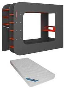 Łóżko na antresoli gamer 90 x 200 cm - Z biurkiem i miejscem do przechowywania - Z diodami LED - Kolor antracytowy i czerwony + materac - WARRIOR