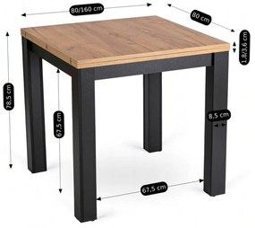 Zestaw Stół Kwadratowy Rozkładany MAX 80-160 cm Dąb Craft/Czarny i 6 Krzeseł Tapicerowanych CHRIS Czarne Nowoczesne