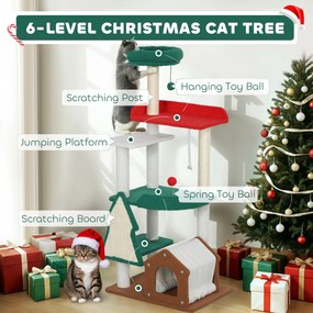 PawHut 135 cm Drapak dla kotów w świątecznych kolorach z łóżkiem dla kota, domkiem, słupkami do drapania, platformami do skakania, zabawkami z piłkami