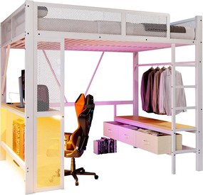 Metalowe łóżko piętrowe dla dzieci - 140 x 200 cm - z USB + LED + biurko + otwarta szafa i 3 szuflady - MDF + metal - białe
