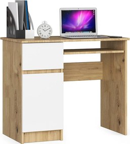 Biurko komputerowe AKORD PIKSEL Dąb Artisan 90 cm lewe 1 drzwi 1 szuflada kolor Biały mat 3 półki 90x50x77 cm