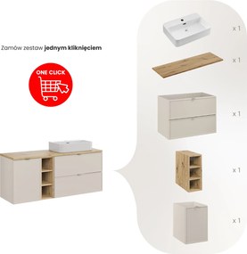 Szafka Bella 140 cm z koszem na pranie, umywalką i regałem, kaszmir/dąb artisan