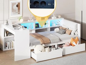 Łóżko dziecięce 90x200cm - z 2 szufladami i stacją ładowania - z kolorowymi światłami LED - białe (bez materaca)