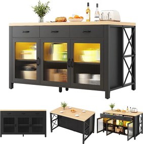 Zestaw wyspowy centralny z 4 hokerami barowymi (5 szt.) - 150 x 80 x 90 cm - z 3 szufladami i szklanymi drzwiami - MDF - czarny + naturalny