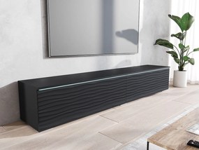 Nowoczesna szafka RTV 180 cm do salonu z LED – 2-drzwiowa, bezuchwytowa, czarny mat, stojąca lub wisząca, fronty MDF fala