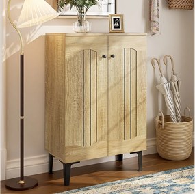 Nowoczesna szafka na buty - 60 x 31,5 x 95 cm - z 2 drzwiami i półkami wielopoziomowymi - płyta wiórowa - kolor naturalny