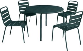 Zestaw mebli jadalnianych ogrodowych z metalu - stół o śr. 110 cm i 4 sztaplowane krzesła - Butelkowa zieleń - MIRMANDE marki MYLIA