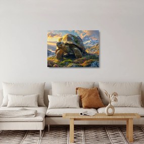 Obraz na szkle - Żółw i górski krajobraz (70x50 cm)