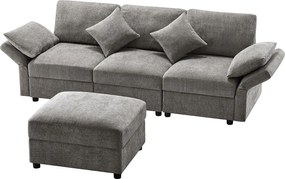 Narożnik w kształcie litery L - 3-osobowy - z podnóżkiem - 4 poduszki - regulowane podłokietniki - Szary