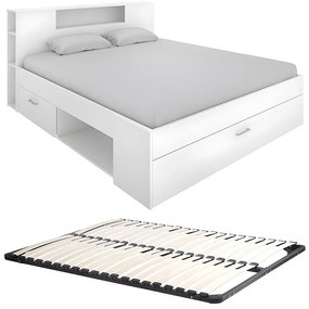 Łóżko ze skrzynią i szufladami - 140 x 190 cm - Kolor: biały + Stelaż - LEANDRE