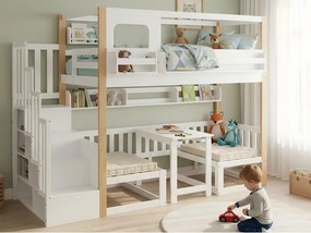 Łóżko piętrowe dziecięce 90x200 cm - z regulowanym stołem i półką na książki - można przekształcić w łóżko lub stół i krzesła - biały​ (bez materaca)