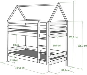 Szare dziecięce łóżko piętrowe domek drewniane - Zuzu 3X 180x80 cm