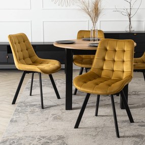 Zestaw Stół Okrągły Rozkładany HARRY 102-142 cm Dąb Craft/Czarny i 4 Krzesła Tapicerowane RICK Musztardowe Nowoczesne