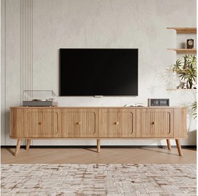 Nowoczesna szafka RTV - 180 x 38 x 47 cm - z 4 drzwiami + nogi drewniane - unikatowy design - MDF + płyta wiórowa - naturalny