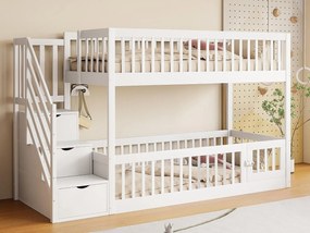 Łóżko piętrowe 90×200 cm - z drabiną bezpieczeństwa - z 3 szufladami - białe (materac nie jest zawarty)