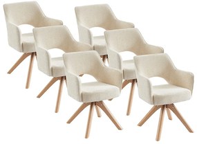 Zestaw 6 krzeseł obrotowych z podłokietnikami z tkaniny i drewna dębowego - Kremowy - KONYA