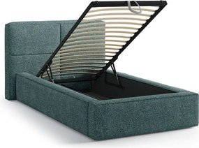 Turkusowe tapicerowane łóżko jednoosobowe ze schowkiem ze stelażem 90x200 cm Darren – Micadoni