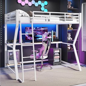 łóżko antresolowe 90x200 cm, białe, łóżko młodzieżowe z oświetleniem LED i USB, biurko - bez materaca