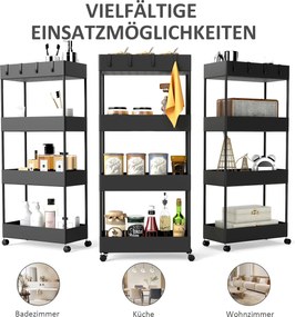 HOMCOM Wózek kuchenny z 4 półkami, 4 elastycznymi hakami, 4 kółkami, 40 cm x 19 cm x 90 cm, Wózek do niewielkich przestrzeni, Czarny