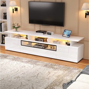 Szafka RTV błyszcząca - 180 x 38 x 45 cm - z 2 drzwiami + 1 szufladą + diody LED - płyta wiórowa - biała