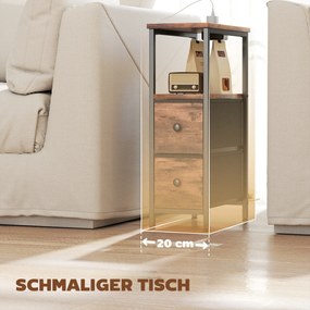 HOMCOM Stolik kawowy/stolik boczny ze stacją ładującą, stalowa rama, 2 szuflady z tkaniny, otwarta półka, 20cm x 40cm x 63cm, Rustykalny brąz | Aosom PL