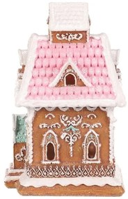 Dekoracja świąteczna Domek z piernika z różowym dachem, poliresin, LED, brązowy