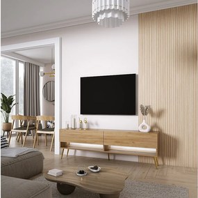 Szafka pod telewizor 170 cm Dąb Craft, nóżki pochyłe złote, LED biały, 170 × 32 × 52 cm