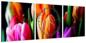 Obraz tulipanów na czarnym tle (z zegarem) (90x30 cm)