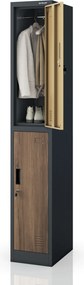Szafka BHP ubraniowa, pracownicza, pojedyncza, 2 skrytki z drążkiem, antracytowa/orzech, 316,5x1850x450 mm: IGOR 1 Plus Eco Design