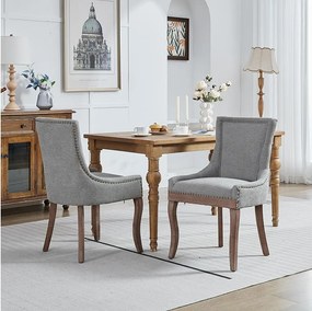 Zestaw 2 krzeseł jadalnianych z szarej tkaniny szenilowej z oparciem i ozdobnymi gwoździami, drewniane nogi