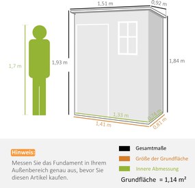 Outsunny Szopa na narzędzia z tworzywa sztucznego 1,14m² 151 x 92 x 193cm Szopka z dachem pochyłym Okno Szary
