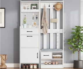 Zestaw wieszakowy do przedpokoju 110x35x175.5 cm - Szafa na buty i ławka na buty - haki i panel perforowany - Biały