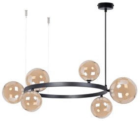 Bolero 72 -lampa wisząca do salonu nad okrągły stolik, czarna obręcz, sześć bursztynowych kloszy