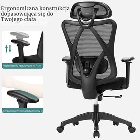 Krzesło biurowe z zagłówkiem MAGNUS, maks. 150 kg, czarne SongmicsHome