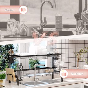 HOMCOM Suszarka na Naczynia, 2-Poziomowy Stojak z Hakami, Talerzami, Akcesoriami, 100 cm Stal, Czarny