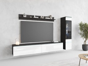 Zestaw mebli do salonu 3 elementy z LED – szafka RTV 180 cm witryna i półka, stojąca lub wisząca, korpus antracyt, fronty biały połysk