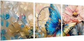 Obraz - Malowanie kwiatów i motyli (z zegarem) (90x30 cm)