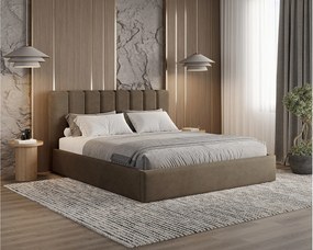BESILIO Łóżko tapicerowane z pojemnikiem 200x200 Nuvia - Łóżko slim, miękkie wezgłowie, stelaż metalowy- Brązowy