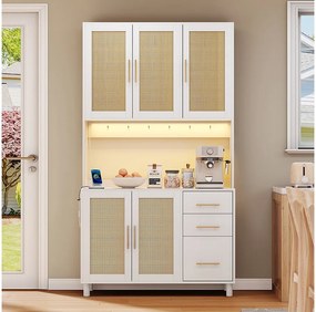 Kredens kuchenny 183 cm z oświetleniem LED, portami USB, regulowanymi półkami i 3 szufladami – biały