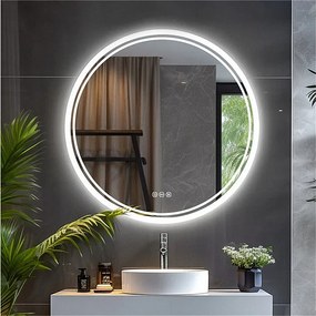 Okrągłe lustro łazienkowe LED, lustro ścienne z powłoką antyparową i 3 regulowanymi kolorami, 80x80 cm